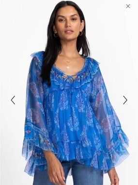 NWT JOHHNY WAS Jade Blue Gal Ruffle Tie Floral Silk Blouse with Cami size M $375